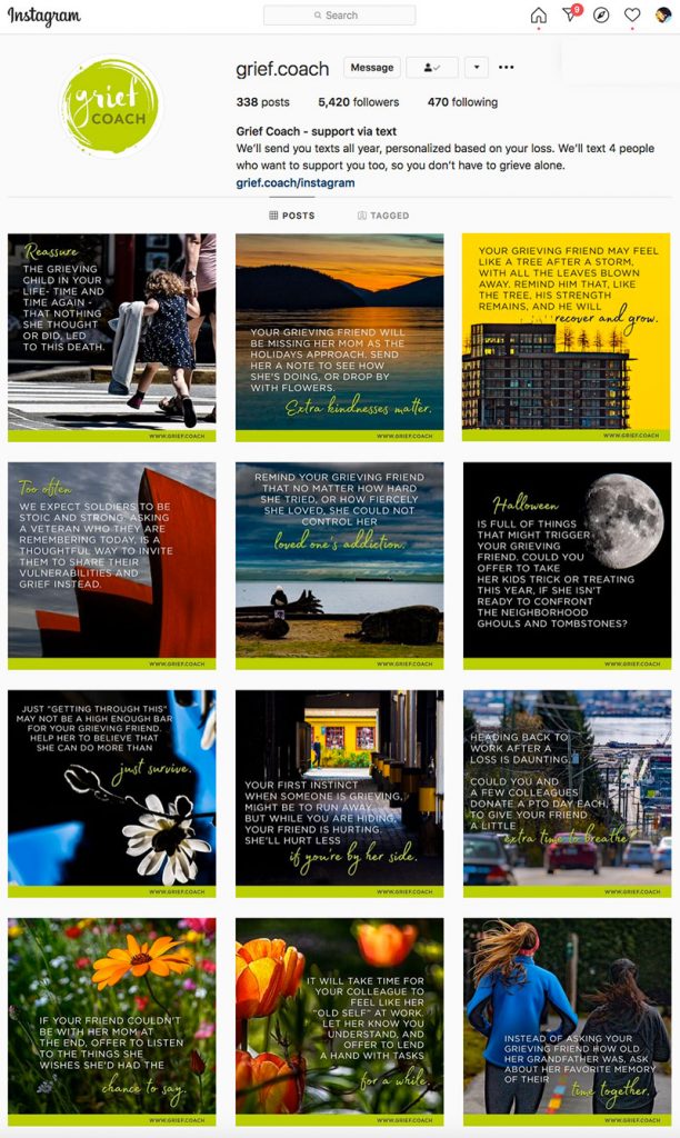 screen shot of the Grief Coach isntagram page with a variety of images