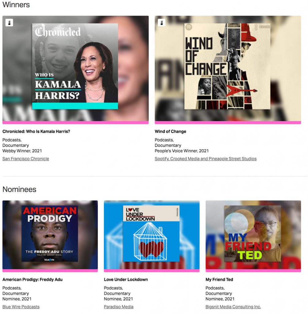 Screen capture from the Webby Awards with podcast cover art from 5 podcasts